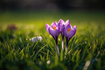 Wall Mural - blooming rose crocuses amidst garden greenery during a sunny evening in spring.