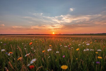Wall Mural - evening glow over grassy fields