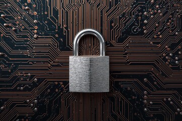 robust metallic lock secured on electronic circuit, illustrating cybersecurity measures and password