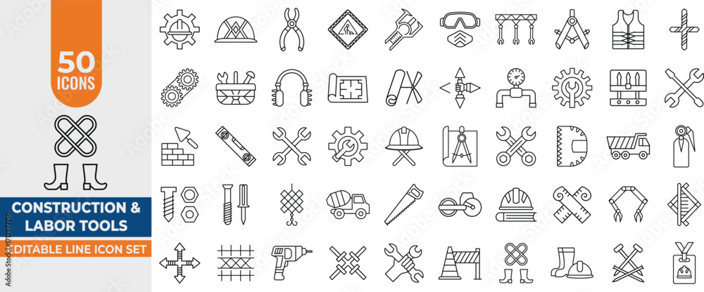 Construction & Labor Tools Line Icons Set – Editable Stroke Vector ...