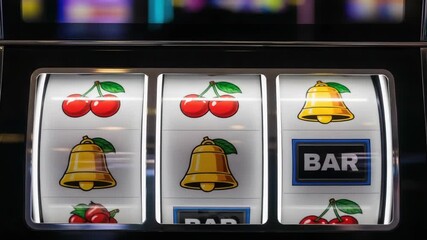 Casino slot machine with cherries and bells. Slot machine game includes cherries, bells, and bar symbols.  Gambling concept for casino advertising or online game design.