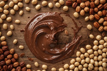 Wall Mural - Delicious hazelnut chocolate spread with nuts arranged on a surface, top view. Text area available