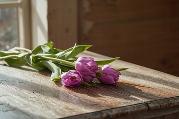 Wall Mural - relaxing moment with purple tulips scattered on a rustic wooden surface under soft natural lighting.