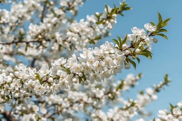 Wall Mural - Natural floral scene of delicate white bird cherry blossoms under a clear blue sky in warm seasons