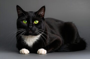 Wall Mural - portrait of a dark feline with emerald eyes against a neutral backdrop