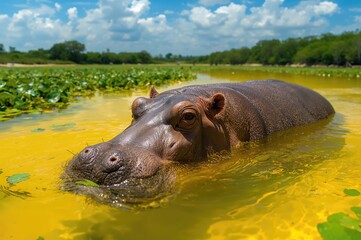 Wall Mural - close-up shot of a massive hippopotamus gliding through yellow-tinted water