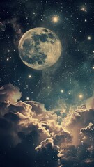 Wall Mural - A dreamy, celestial scene with a full moon and stars above clouds. Captured from a low angle, perfect for a mystical video backdrop. Live mobile wallpaper.