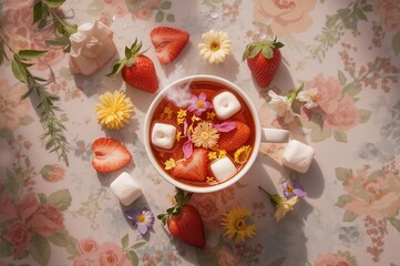 Wall Mural - Fresh strawberries, marshmallows, and flowers surrounding a cup of tea on a flat surface. Overhead shot of a sweet and floral arrangement.