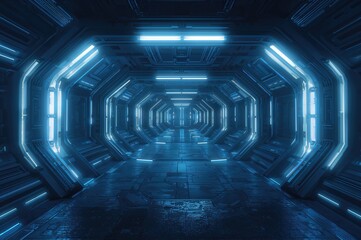 Wall Mural - Neon blue and white lasers highlight a futuristic spacecraft inside a dimly lit tunnel.