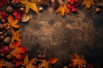 Wall Mural - Vibrant autumn foliage, assorted nuts, and pine cones framing a dark wooden banner from above.