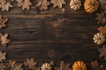 Wall Mural - Decorative autumn scene featuring dried leaves and a pumpkin on a dark wooden surface. Overhead view, flat lay for fall and Thanksgiving theme.