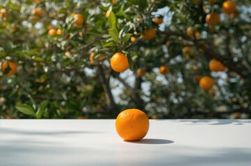 Wall Mural - An orange rests on a white surface with a backdrop of orange trees