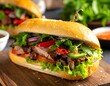 © Nonon - Delicious Vietnamese Banh Mi Sandwich with Grilled Meat and Fresh Vegetables