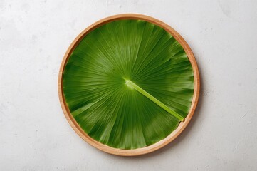 Wall Mural - Fresh green banana leaf sliced into a round form and set on a wooden dish against a white textured backdrop, isolated.