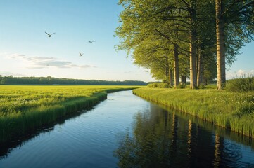 Wall Mural - A flowing river bordered by lush greenery and trees