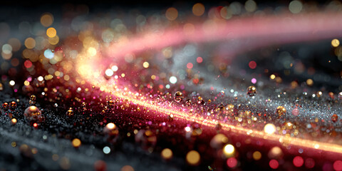 a glittering and sparkling light trail with bokeh effects, in a color scheme of red, pink, and gold, against a dark background, a cinema 4d render