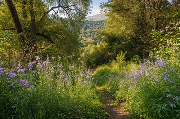 Wall Mural - A lush area abundant with blossoms and greenery