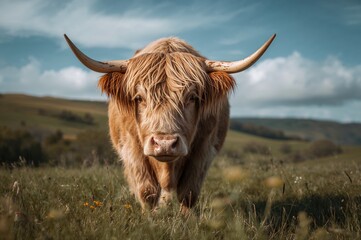 Wall Mural - serene pasture scene with a shaggy bovine