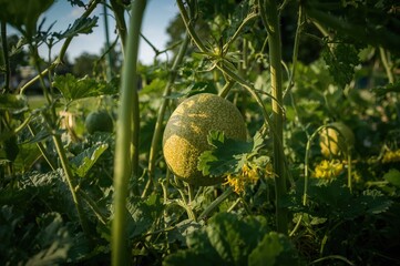 Wall Mural - Young cantaloupe growing on vine in natural sunlight, with flower and shadows
