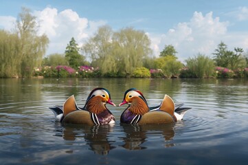 Wall Mural - Romantic behavior of mandarin ducks