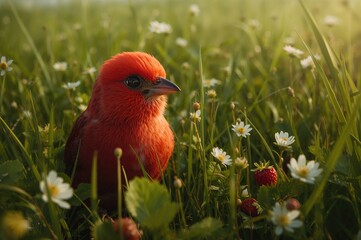 Wall Mural - cute red amandava bird in grassy meadow with strawberry and white accents