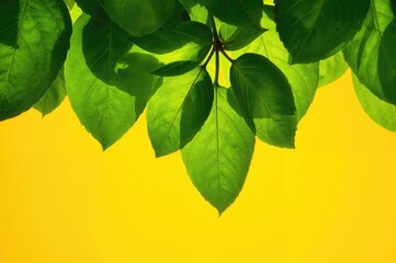 Wall Mural - Close-up shot of bright green foliage glowing in sunlight with a warm yellow background, showcasing the essence of freshness and natural beauty.