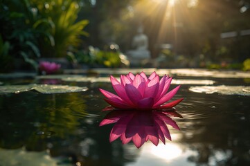 Wall Mural - Gorgeous pink lotus flower glowing in sunlight on the water