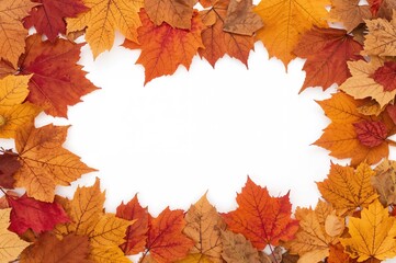 Wall Mural - Seasonal autumn vibe backdrop with a border of dried fall leaves on a white surface. Fall and harvest festival theme, overhead shot with empty space for text.