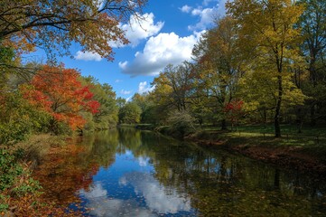 Wall Mural - A Beautiful Autumn Landscape Featuring Vibrant Leaves by a Crystal-Clear River in a Scenic State Park