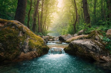 Wall Mural - A tranquil flow of crystal-clear water cascades over sizable stones within a wooded area.