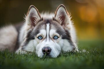 Wall Mural - a close-up of a siberian husky resting on lush green grass and gazing directly ahead