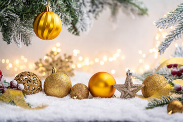 Wall Mural - glittering gold ornaments and snowflakes rest on snowy ground with frosted pine branches and soft gl