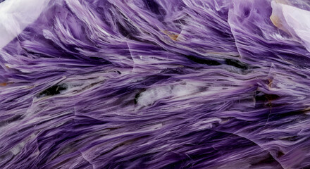  Close-up of a precious stone with purple and white banding. The stone exhibits a smooth surface and intricate patterns, showcasing its natural beauty.