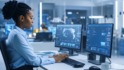 Focused African American Woman Analyst Working on Computer with Modern Tech Office.