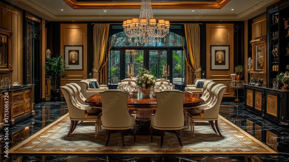 Opulent Dining Room and Adjacent Living Area with Grand Crystal ...