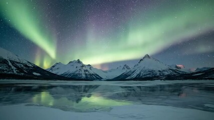Northern lights illuminating snowy mountains above frozen lake at night  