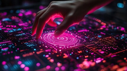 Wall Mural - Human Hand Interacting with a Vibrant Glowing Digital Interface, Featuring Futuristic Circuit Board Patterns in a Cyberpunk Aesthetic with Pink and Blue Lights