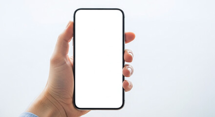 Person holding smartphone with blank screen for app development and mobile application advertising offering mockup with copy space for inserting user interface elements