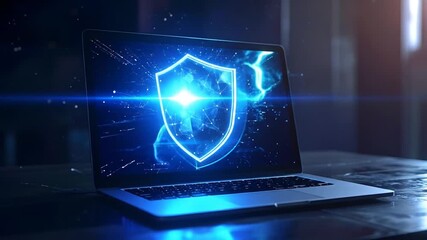 Laptop with glowing shield icon with cyber security concept, and data protection theme.