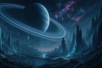 Wall Mural - Epic alien planet horizon with luminous rings twin moons and crystalline canyons under star filled sky high detail sci fi landscape wallpaper
