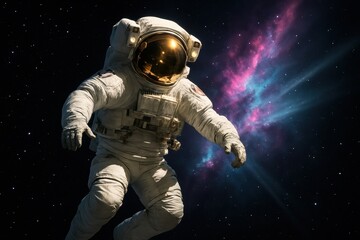 Wall Mural - cinematic astronaut floating beside a glowing nebula with reflective visor detailed suit and dramati