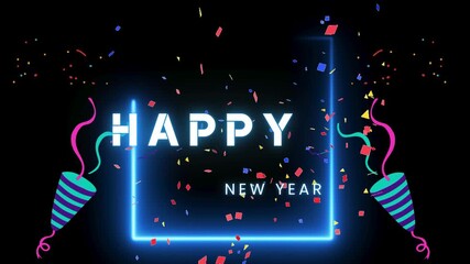 Happy New Year neon sign with party poppers and colorful confetti glowing blue light