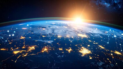 Wall Mural - Earth from space with digital network connections and city lights at night under a bright sun