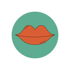 Wall Mural - Groovy retro orange lips as a cartoon symbol on a circle sticker. Badge label with sticker style and human face element for package or lid accent. Modern y2k graphic ideal for branded package or cool