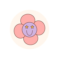 Wall Mural - Cute groovy flower sticker in a colorful retro circle label with flat smiley face. Playful seal for lid or box, this y2k package accent brings happy, fun charm.