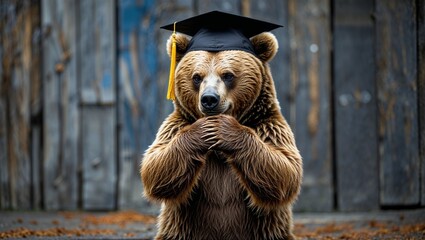 Bear bowing while wearing graduation cap after completing trick series