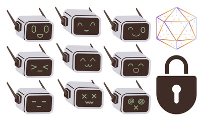 Robots with varied facial expressions, geometric shape, and padlock represent artificial intelligence, cybersecurity, privacy, emotion in AI, technology ethics, data protection and innovation. Ideal