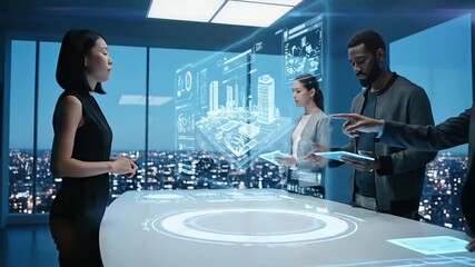 Futuristic business meeting with diverse team using digital technology and interactive display for innovative solutions and strategic planning towards company growth