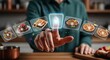 © Wardiyan - A person in a kitchen uses a futuristic holographic interface to choose from various meal options.