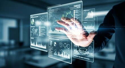 A business professional interacts with futuristic holographic touchscreens displaying complex data analytics and charts.